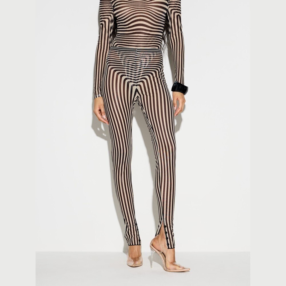 Cream Black Optical Stripe Sheer Mesh Skinny Leggings with Slit Hem